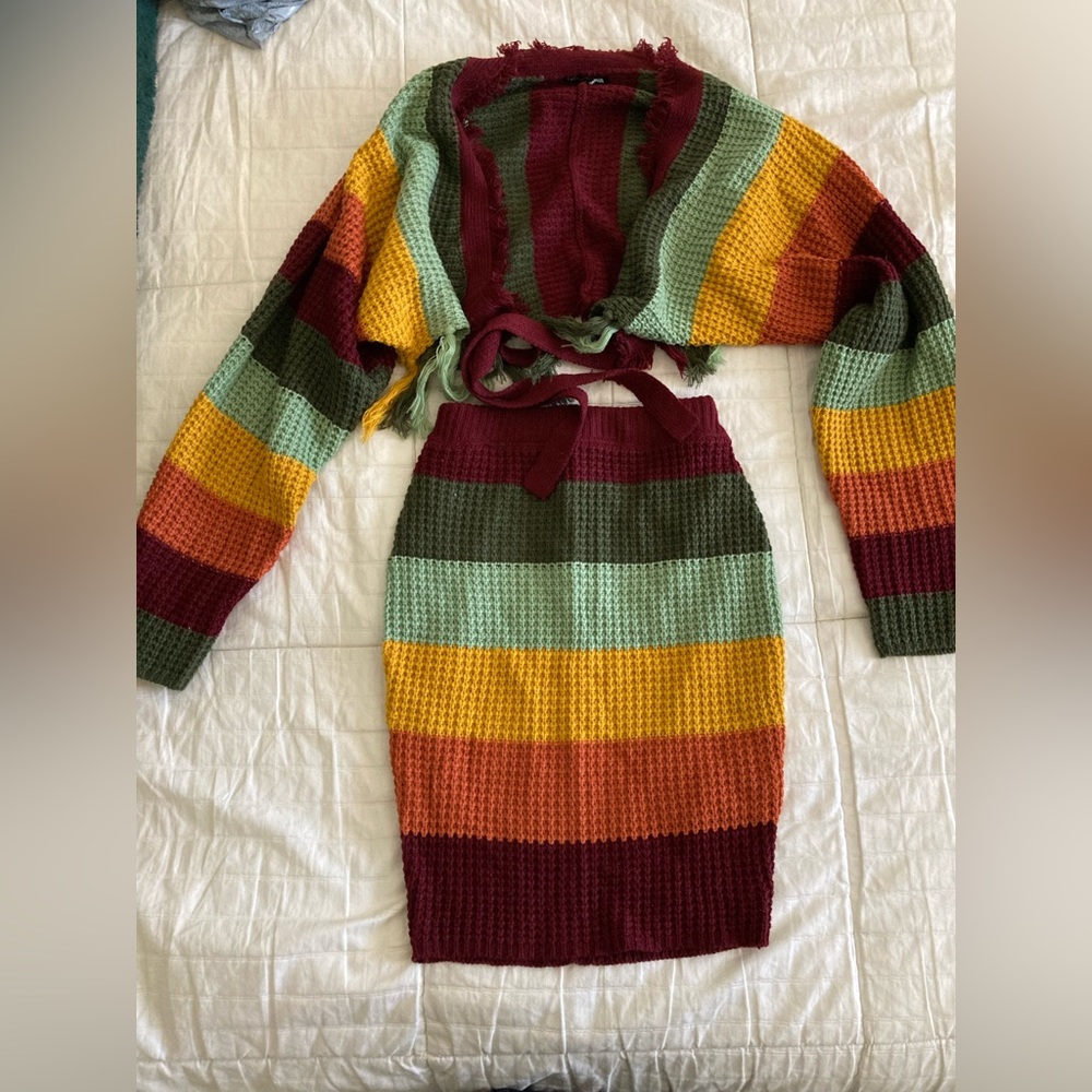 Fashion Nova Knit Multicolored Two-Piece Set - Long Sleeve Crop Top & Midi Skirt